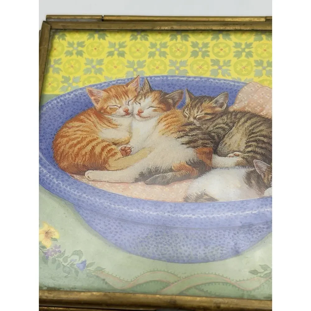Vtg Via Vermont Stained Glass & Brass Mirrored Sleeping Cats Jewelry Trinket Box